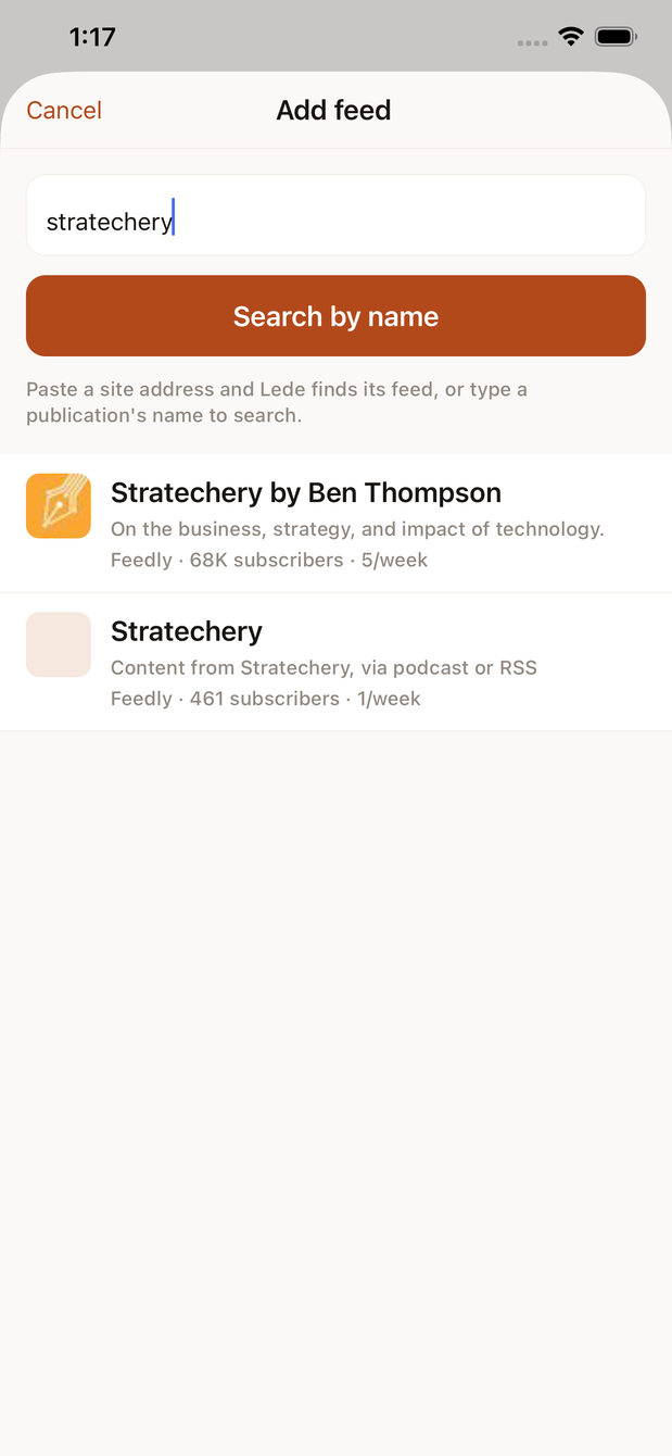 Adding a feed by typing a publication name.