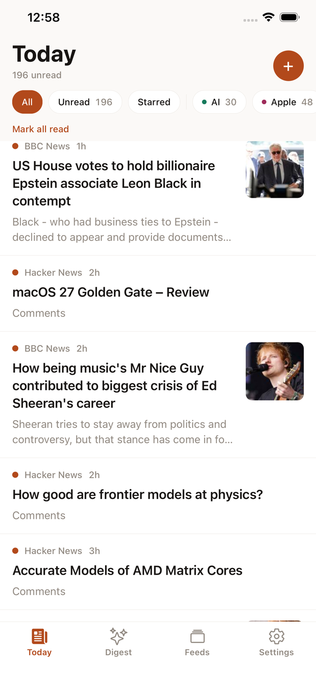 The Lede timeline, filtered by tag, showing unread counts.
